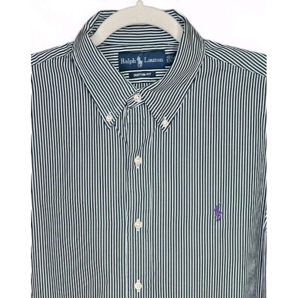 Ralph Lauren Button Down Shirt Mens XL Green White Striped Custom Fit Oxford